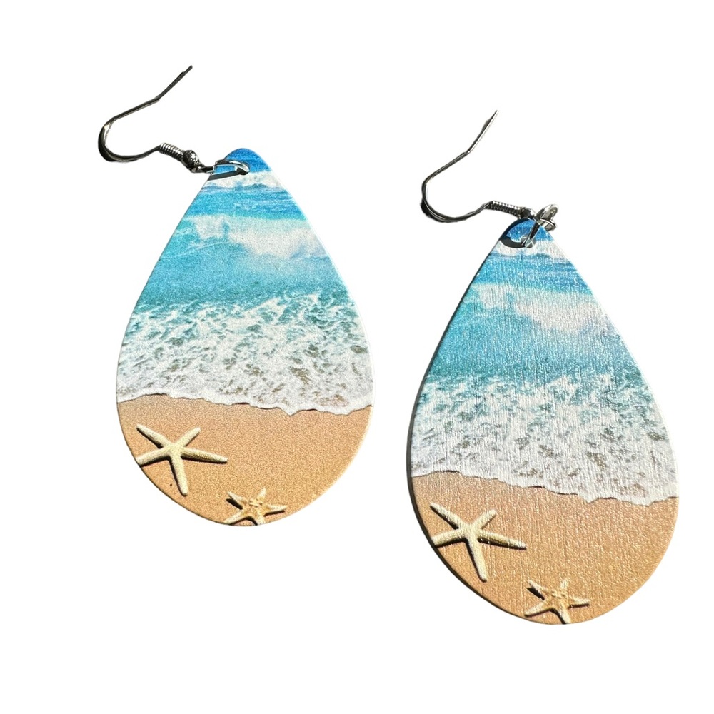Beach Ocean and Sand Wooden Teardrop Drop Earrings